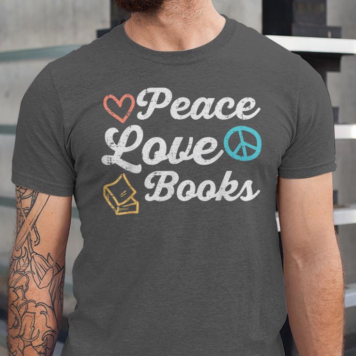 Peace Love Books Read Book Reading Librarian Across America Unisex Jersey T-Shirt