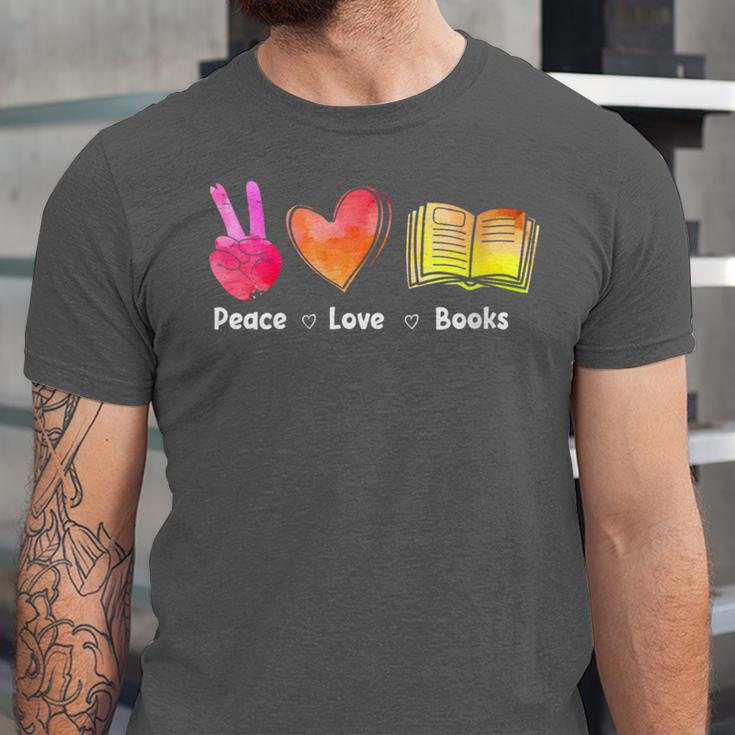 Peace Love Books Reader Librarian Library Book Unisex Jersey T-Shirt