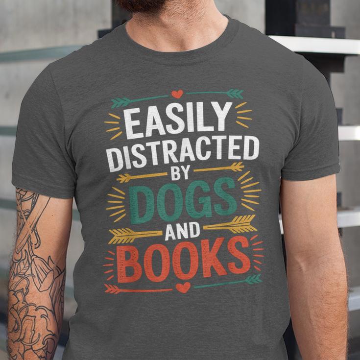 Pet Lover Joke Easily Distracted By Dogs And Books Men Unisex Jersey T-Shirt