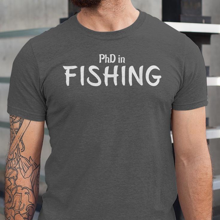 PhD In Fishing Graduation Hobby Birthday Celebration Unisex Jersey T-Shirt