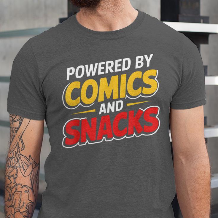 Powered By Comics And Snacks Comic Book Lover Unisex Jersey T-Shirt Powered By Comics And Snacks Comic Book Lover Unisex Jersey T-Shirt