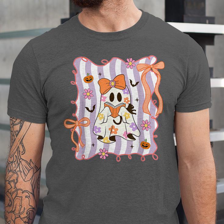 Preppy Coquette Bow Ghost Reading Books Halloween Book Unisex Jersey T-Shirt