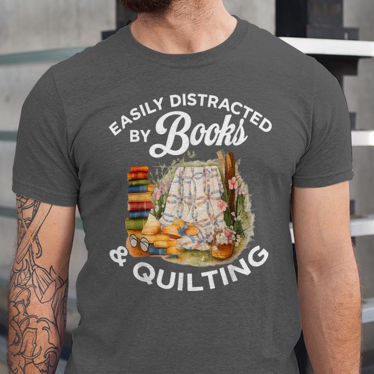 Quilting Sewing Machine Quilter Easily Distracted By Book Unisex Jersey T-Shirt