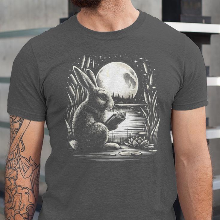 Rabbit Reading Book Full Moon Lake Scenery Unisex Jersey T-Shirt Rabbit Reading Book Full Moon Lake Scenery Unisex Jersey T-Shirt