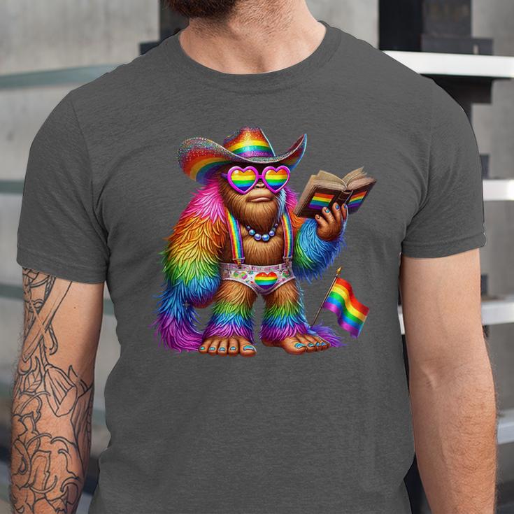 Rainbow Pride Bigfoot Reading Book With Heart Glasses Unisex Jersey T-Shirt Rainbow Pride Bigfoot Reading Book With Heart Glasses Unisex Jersey T-Shirt