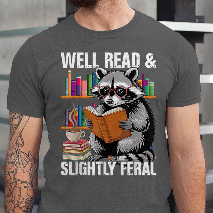 Well Read & Slightly Feral Raccoon Book Lover Graphic Unisex Jersey T-Shirt