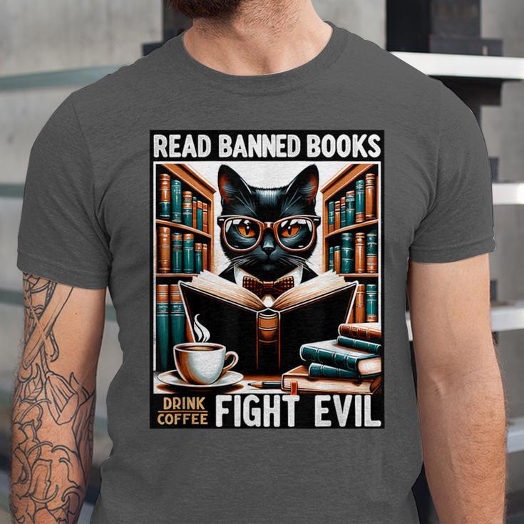 Read Banned Books Drink Coffee Fight Evil Book Reader Lovers Unisex Jersey T-Shirt