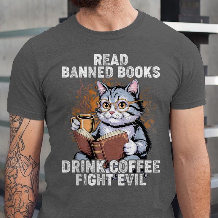 Read Banned Books Drink Coffee Fight Evil Cat Unisex Jersey T-Shirt
