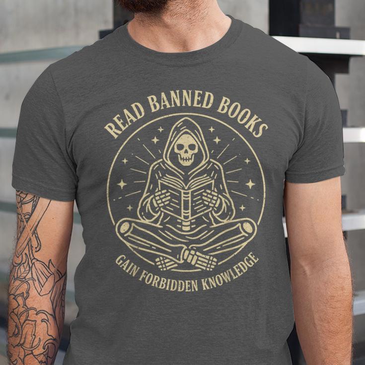 Read Banned Books Gain Forbidden Knowledge Skeleton Unisex Jersey T-Shirt