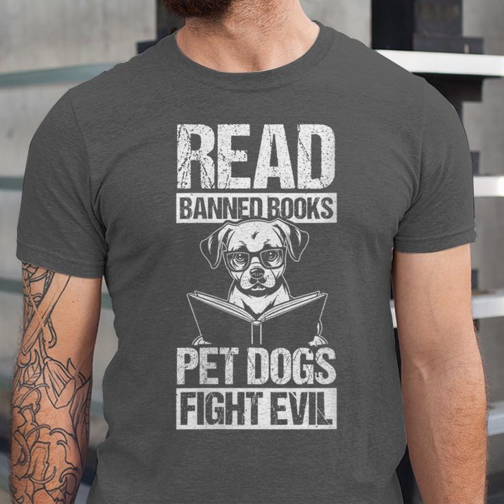 Read Banned Books PET DOGS FIGHT EVIL Read Banned Books Dog Unisex Jersey T-Shirt