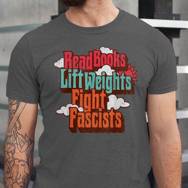 Read Books Lift Weights Fight Fascists Reading No Kings Unisex Jersey T-Shirt Read Books Lift Weights Fight Fascists Reading No Kings Unisex Jersey T-Shirt
