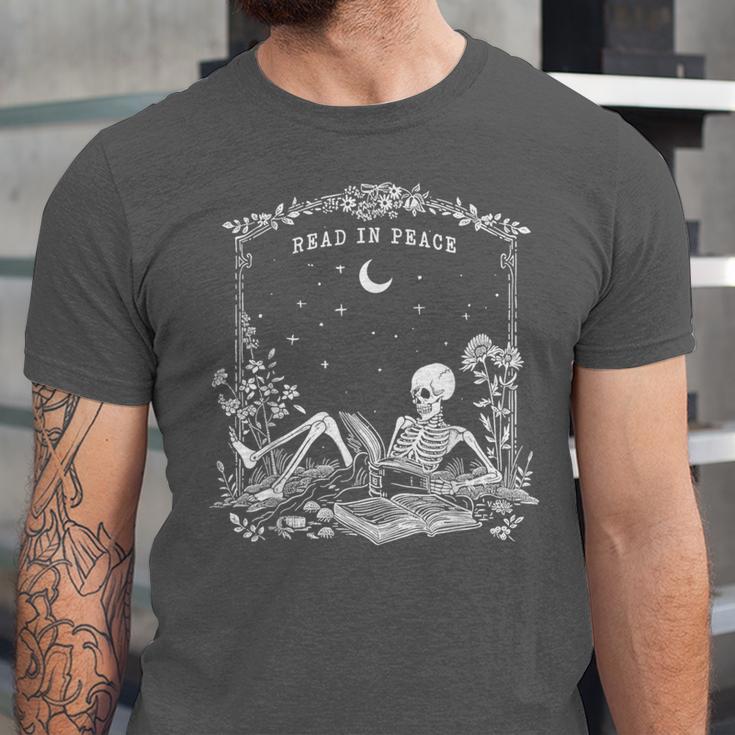 Read In Peace Skeleton Reading Book Halloween Bookish Unisex Jersey T-Shirt