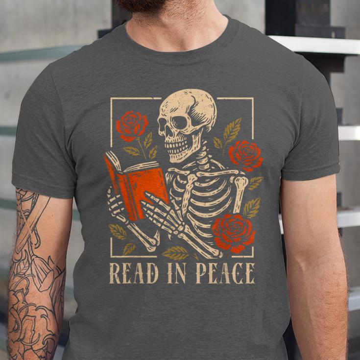 Read In Peace Skeleton Reading Book Halloween Teacher Unisex Jersey T-Shirt Read In Peace Skeleton Reading Book Halloween Teacher Unisex Jersey T-Shirt
