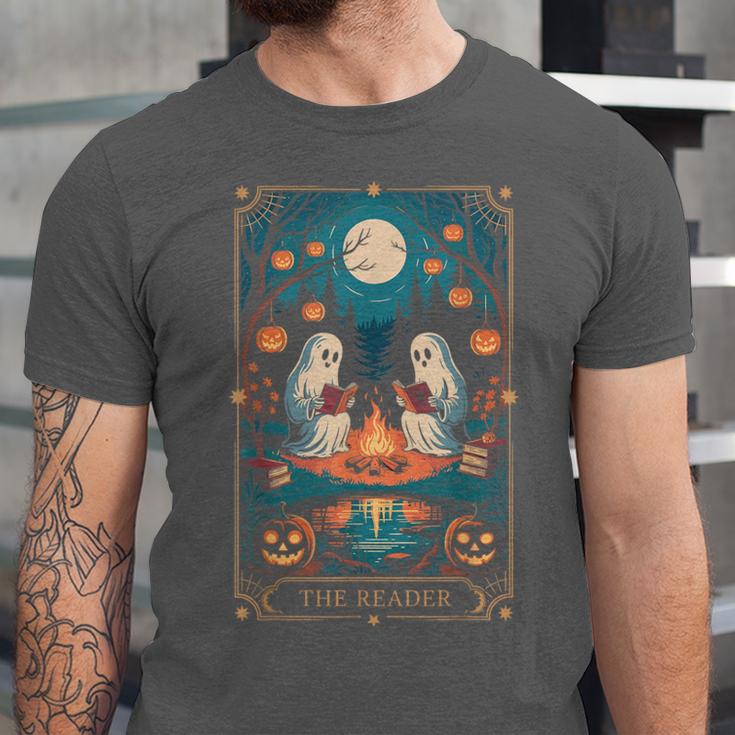 The Reader Bookish Cute Spooky Ghost Reading Book Tarot Card Unisex Jersey T-Shirt The Reader Bookish Cute Spooky Ghost Reading Book Tarot Card Unisex Jersey T-Shirt