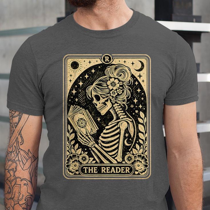 The Reader Tarot Card Book Lover Skeleton Reading Book Unisex Jersey T-Shirt