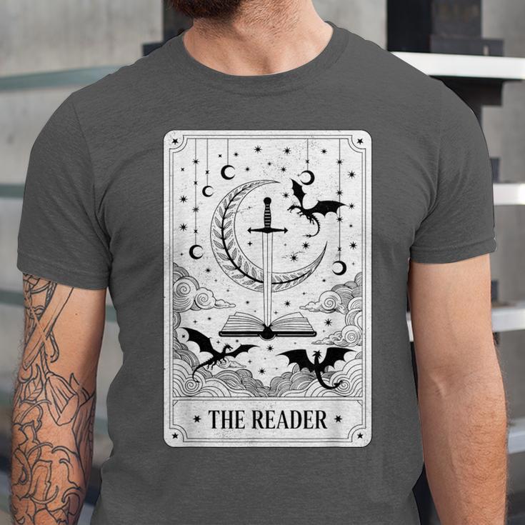 The Reader Tarot Card Bookworm Books Lover Dragon Librarians Unisex Jersey T-Shirt
