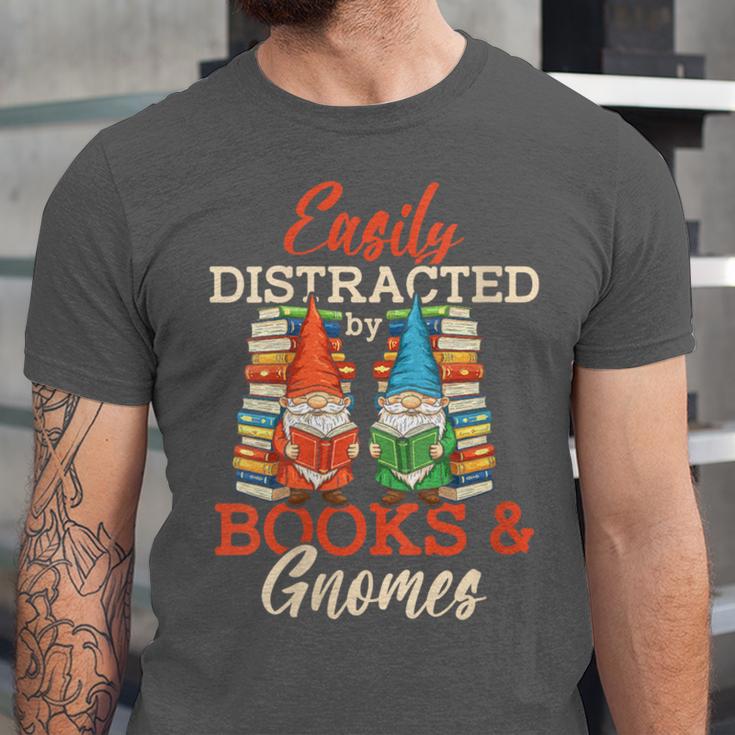Reading Gnomes Cute Easily Distracted By Books And Gnomes Unisex Jersey T-Shirt