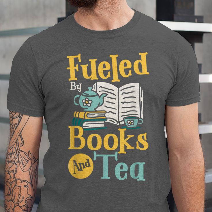 Reading Hobby Bookshelves Library Fueled By Books And Tea Unisex Jersey T-Shirt