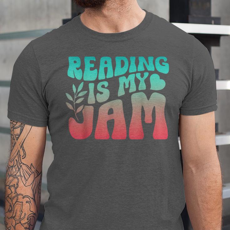 Reading Is My Jam Book Lover Bookworm Teacher Library Reader Unisex Jersey T-Shirt