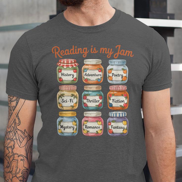 Reading Is My Jam Cute Jelly Jars Book Genres Unisex Jersey T-Shirt