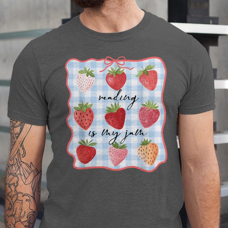 Reading Is My Jam Preppy Stawberry Bookworm Book Lover Nerd Unisex Jersey T-Shirt