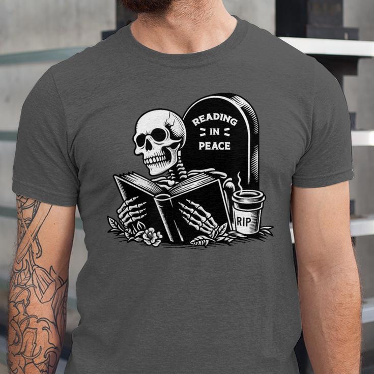 READING IN PEACE RIP Introvert Skeleton Read Book Meme Unisex Jersey T-Shirt