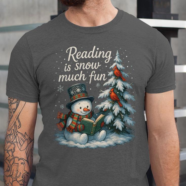 Reading Is Snow Much Fun Christmas Books Snowman Bookworm Unisex Jersey T-Shirt
