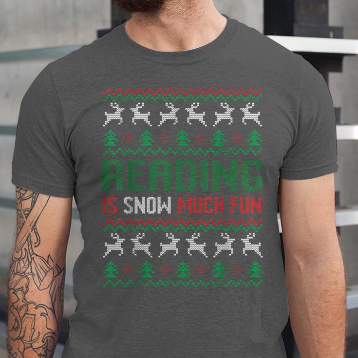 Reading Is Snow Much Fun Winter Bookworm Reading Book Lovers Unisex Jersey T-Shirt