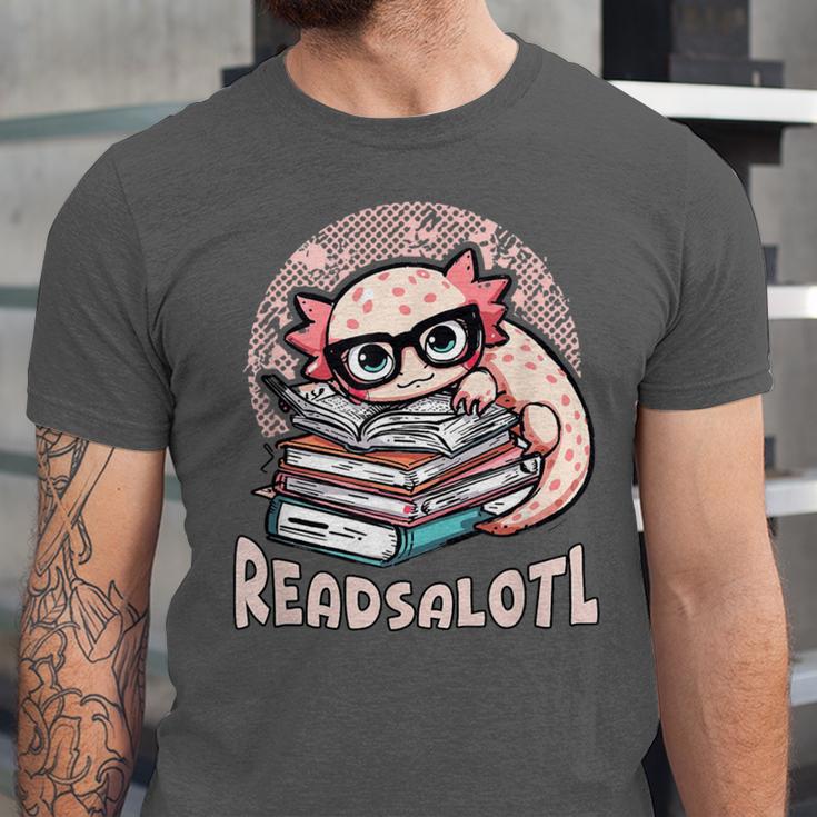 Readsalotl Axolotl Reading Books Glasses Bookworm Pun Fun Unisex Jersey T-Shirt