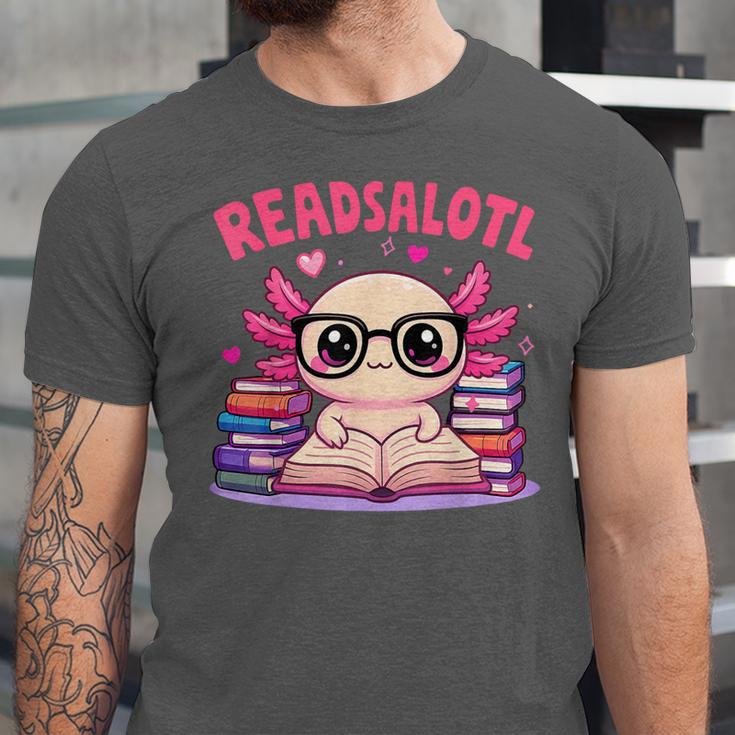 Readsolotl Pink Kawaii Axolotl Book Lover Reading Unisex Jersey T-Shirt