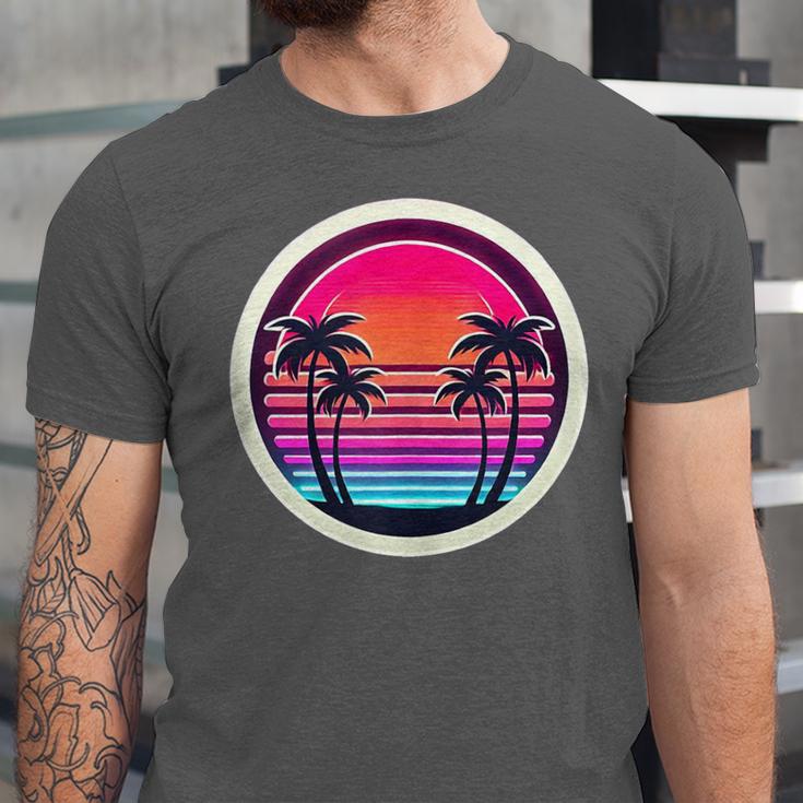 Retro 80s Synthwave Sunset & Palm Trees Retro Nostalgia 80s Unisex Jersey T-Shirt Retro 80s Synthwave Sunset & Palm Trees Retro Nostalgia 80s Unisex Jersey T-Shirt