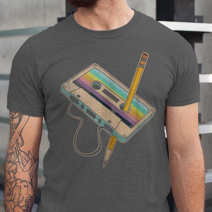 Retro Cassette And Pencil 80s 90s Nostalgia Music Lover Unisex Jersey T-Shirt