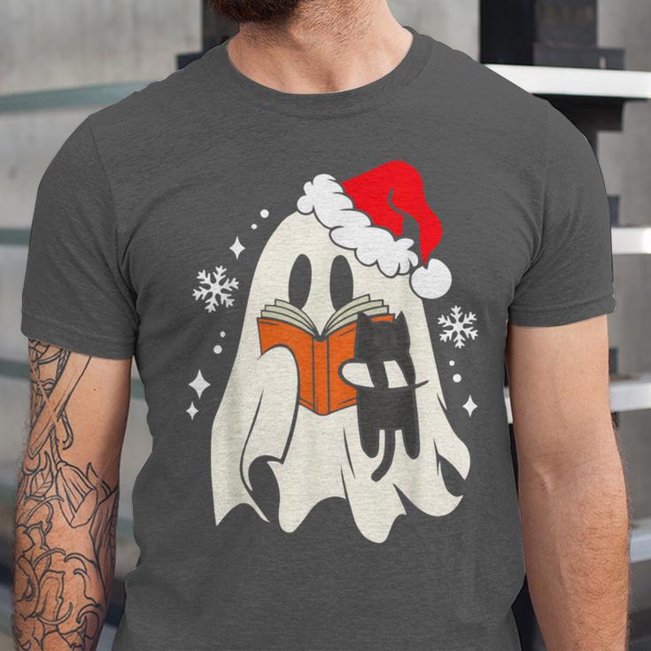 Retro Ghost Reading Book With Cat Bookish Club Christmas Men Women Kids Unisex Jersey T-Shirt