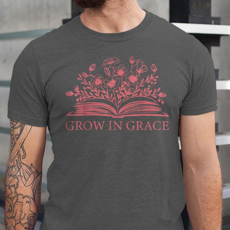 Retro Grow In Grace Wildflower Book Christian Bible Verse Unisex Jersey T-Shirt