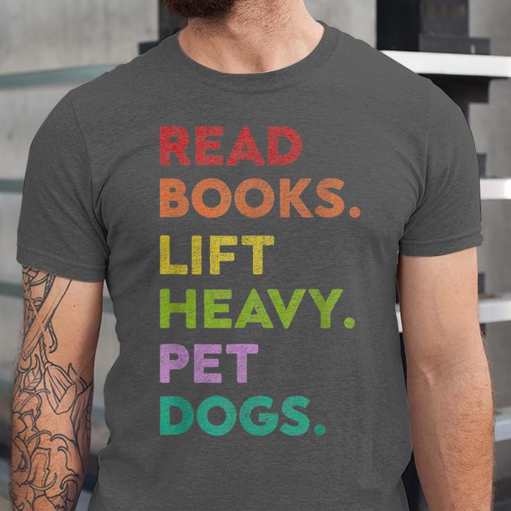 Retro Read Books Lift Heavy Pet Dogs Gym Book Lover Unisex Jersey T-Shirt