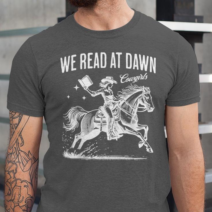 Retro We Read At Dawn Cowgirl Western Librarian Book Lover Unisex Jersey T-Shirt