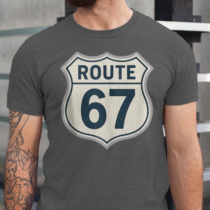 Retro Route 67 Highway Sign Vintage Road Nostalgia Unisex Jersey T-Shirt Retro Route 67 Highway Sign Vintage Road Nostalgia Unisex Jersey T-Shirt