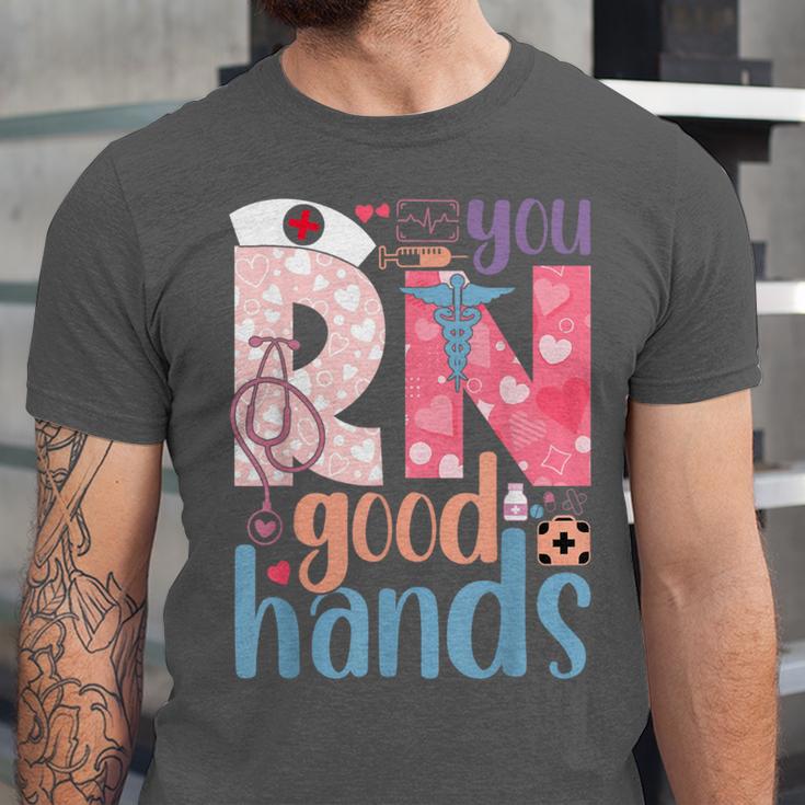 You RN Good Hands Cute Nurse Nursing Student Graduation Unisex Jersey T-Shirt