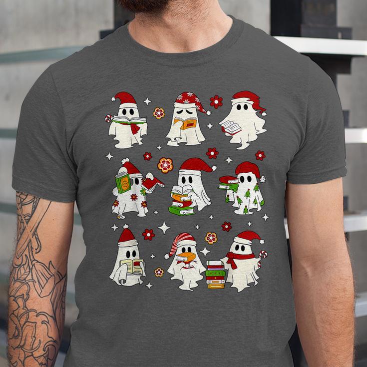 Santa Ghost Reading Books Christmas Library Teacher Unisex Jersey T-Shirt