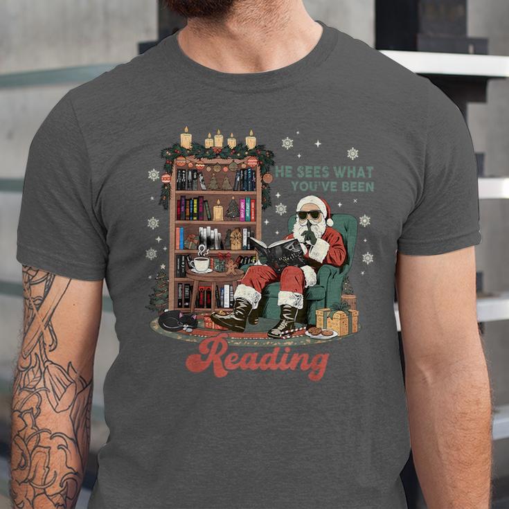 He Sees What You'Ve Been Reading Santa Christmas Bookish Unisex Jersey T-Shirt