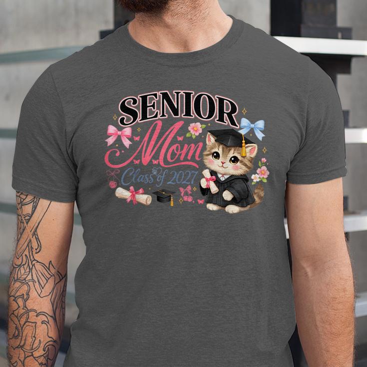 Senior Mom Class Of 2027 Cute Cat Graduation Pink Bows Girls Unisex Jersey T-Shirt