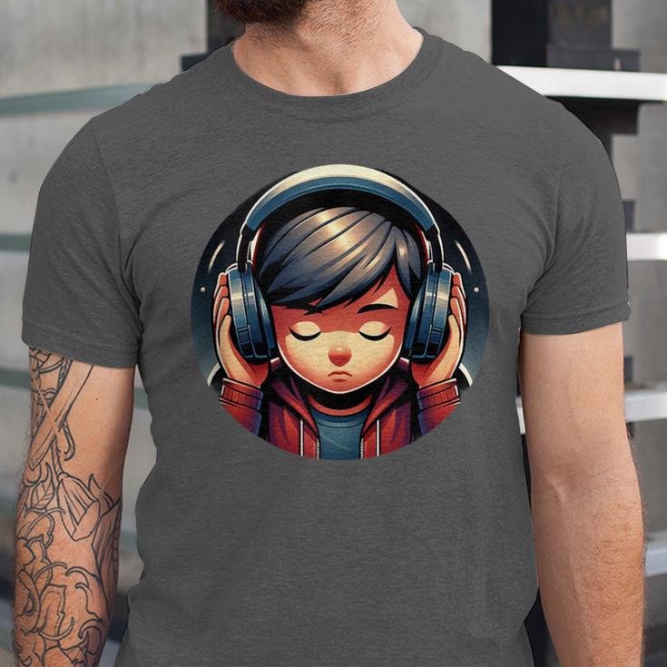 Serene Music Enthusiast With Headphones Introvert Cute Boy Unisex Jersey T-Shirt