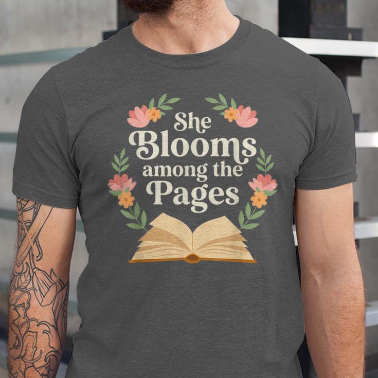She Blooms Among The Pages Women Mom Wife Floral Book Quote Unisex Jersey T-Shirt She Blooms Among The Pages Women Mom Wife Floral Book Quote Unisex Jersey T-Shirt