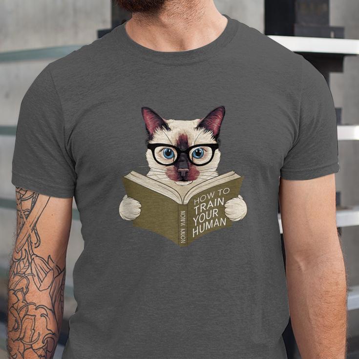 Siamese Cat Reading Book How To Train Your Human Humorous Unisex Jersey T-Shirt