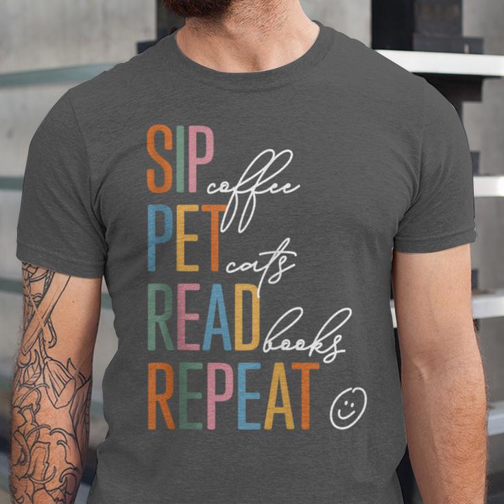 Sip Coffee Pet Cats Read Books Repeat Book Cat Lover Unisex Jersey T-Shirt Sip Coffee Pet Cats Read Books Repeat Book Cat Lover Unisex Jersey T-Shirt