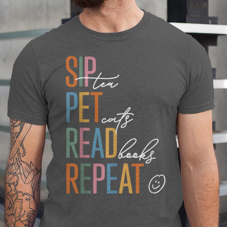 Sip Tea Pet Cats Read Books Repeat Book Cat Lover Unisex Jersey T-Shirt Sip Tea Pet Cats Read Books Repeat Book Cat Lover Unisex Jersey T-Shirt