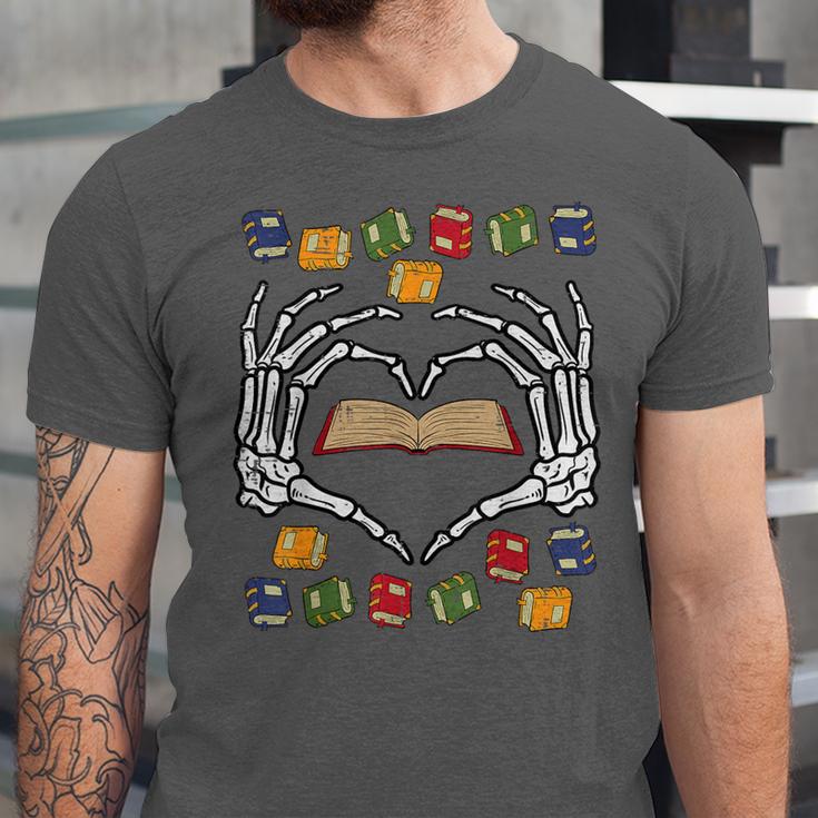 Skeleton Heart Read Reading Book Librarian Halloween Women Unisex Jersey T-Shirt
