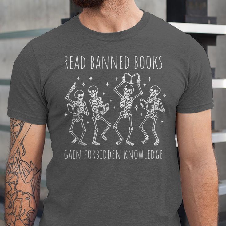 Skeleton Read Banned Books Gain Forbidden Knowledge Unisex Jersey T-Shirt