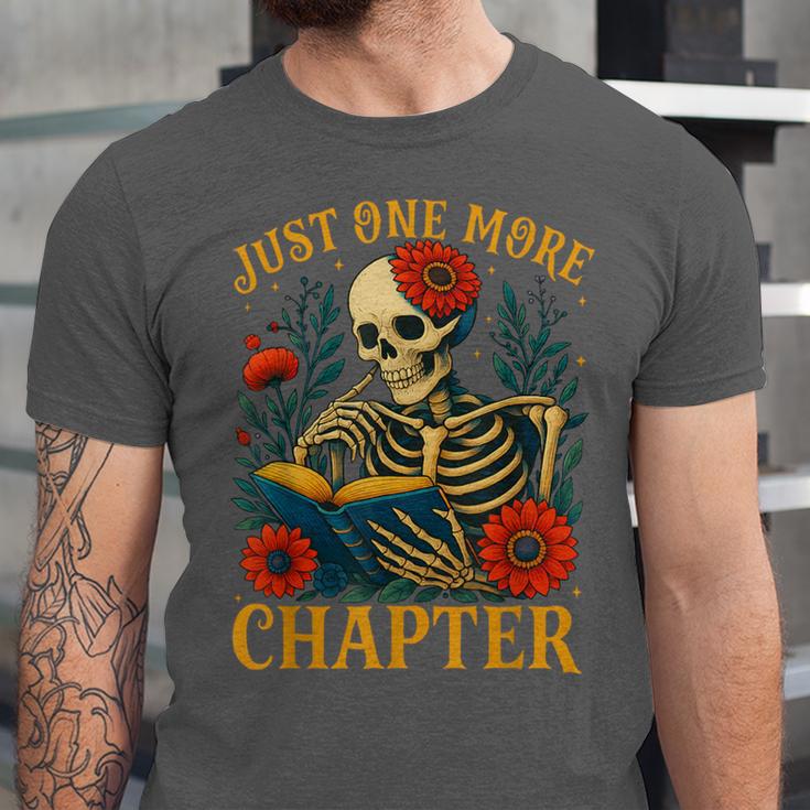 Skeleton Read Book Just One More Chapter Floral Book Lover Unisex Jersey T-Shirt