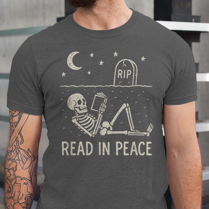 Skeleton Read In Peace Halloween Book Graphic Bookish Unisex Jersey T-Shirt